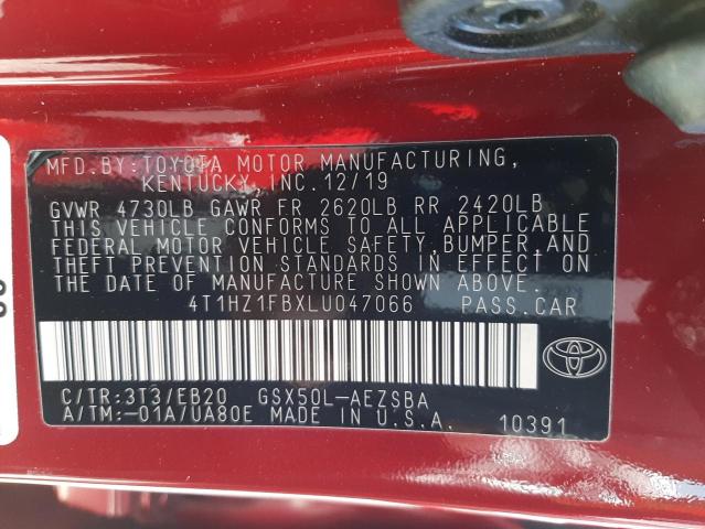 4T1HZ1FBXLU047066 - 2020 TOYOTA AVALON TOU RED photo 10