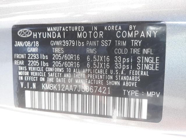 KM8K12AA7JU067421 - 2018 HYUNDAI KONA SE GRAY photo 10