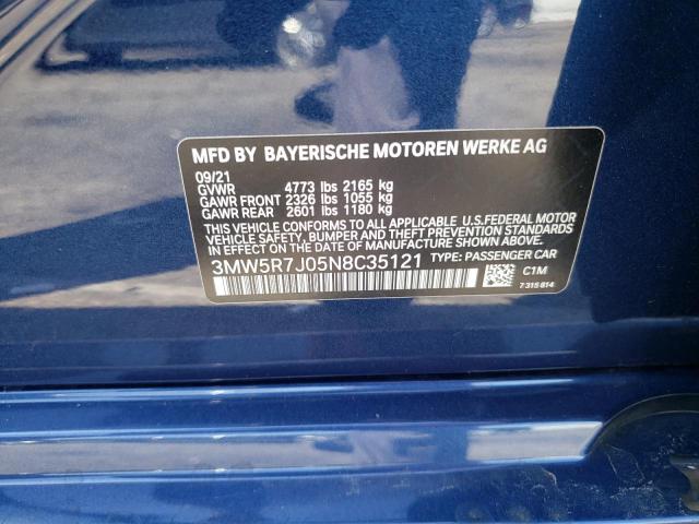 3MW5R7J05N8C35121 - 2022 BMW 330XI BLUE photo 10