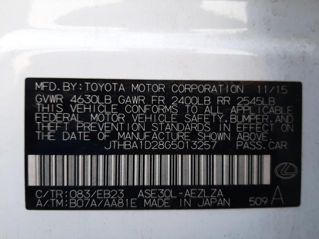 JTHBA1D28G5013257 - 2016 LEXUS IS 200T WHITE photo 10