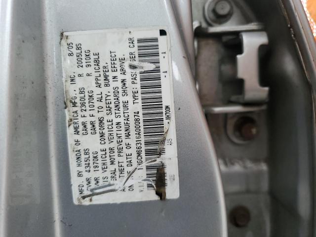 1HGCM66316A000874 - 2006 HONDA ACCORD LX SILVER photo 10