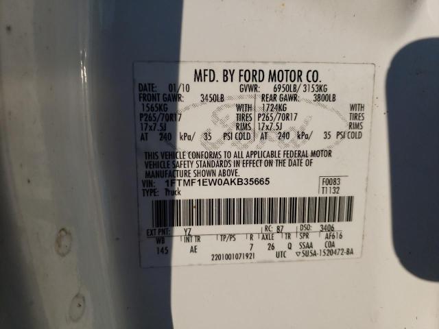 1FTMF1EW0AKB35665 - 2010 FORD F150 WHITE photo 10