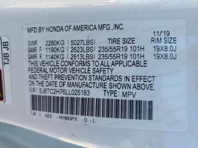 5J8TC2H76LL025183 - 2020 ACURA RDX ADVANC WHITE photo 10