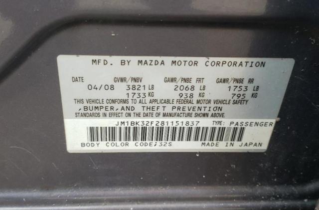 JM1BK32F281151837 - 2008 MAZDA 3 I GRAY photo 10