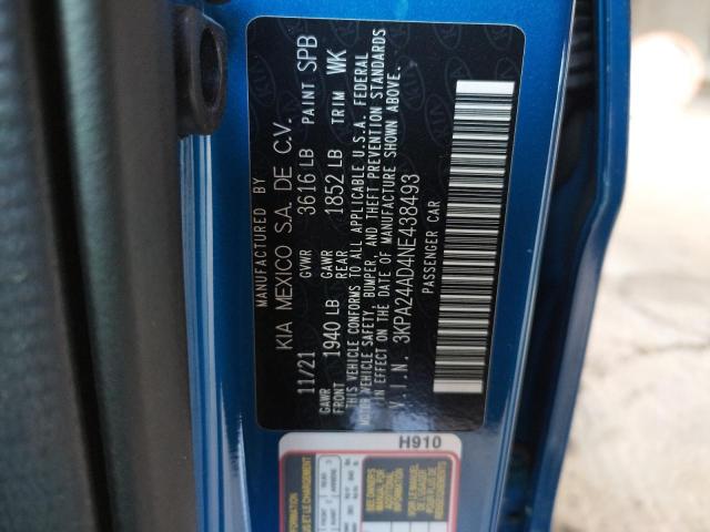 3KPA24AD4NE438493 - 2022 KIA RIO LX BLUE photo 10