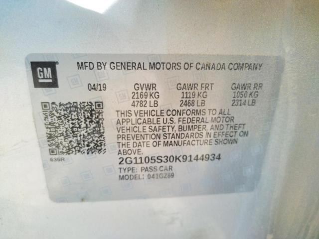 2G1105S30K9144934 - 2019 CHEVROLET IMPALA PRE ვერცხლისფერი ფოტო 10