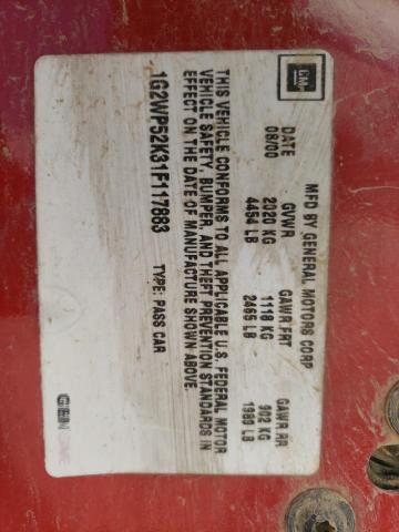 1G2WP52K31F117883 - 2001 PONTIAC GRAND PRIX წითელი ფოტო 10