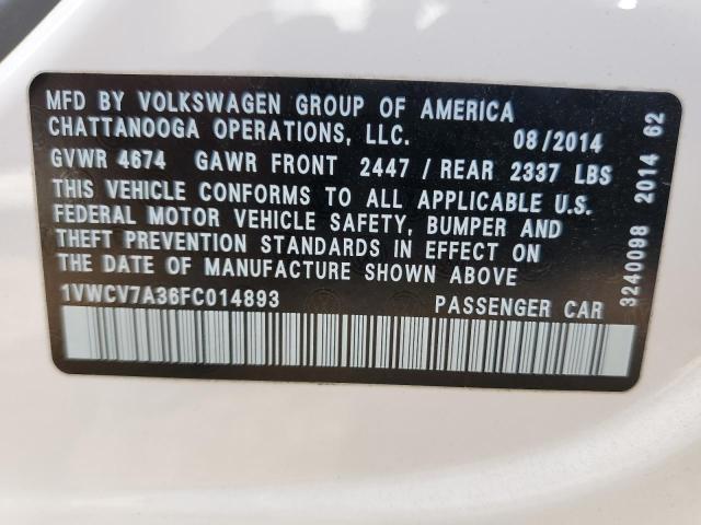 1VWCV7A36FC014893 - 2015 VOLKSWAGEN PASSAT SEL WHITE photo 10