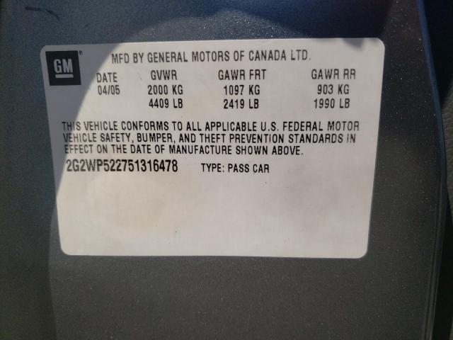 2G2WP522751316478 - 2005 PONTIAC GRAND PRIX ნაცრისფერი ფოტო 10