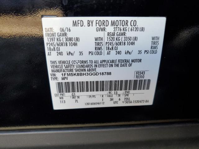 1FM5K8BH3GGD18788 - 2016 FORD EXPLORER BLACK photo 10