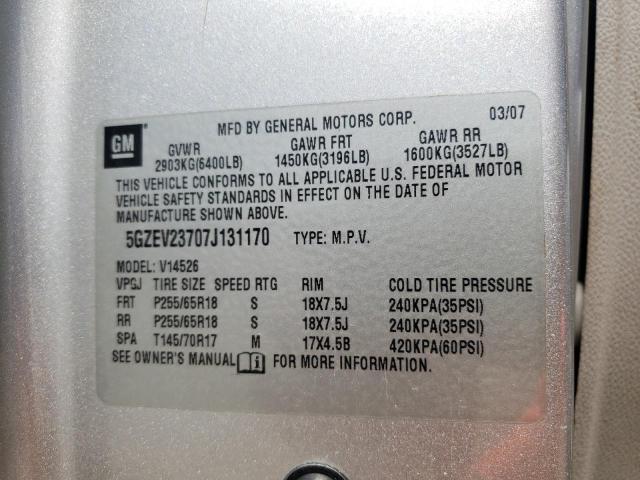 5GZEV23707J131170 - 2007 SATURN OUTLOOK XR ვერცხლისფერი ფოტო 10