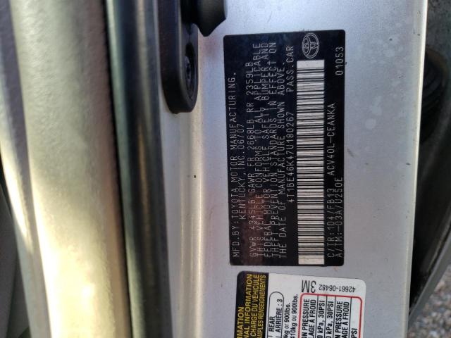 4T1BE46K47U180267 - 2007 TOYOTA CAMRY CE SILVER photo 10