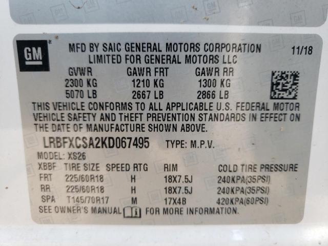 LRBFXCSA2KD067495 - 2019 BUICK ENVISION E WHITE photo 10