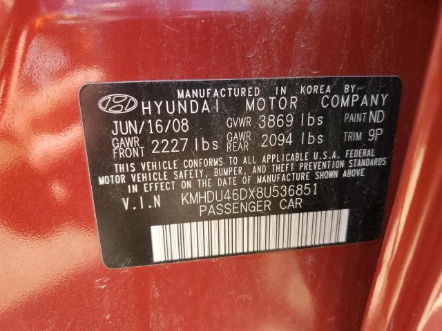 KMHDU46DX8U536851 - 2008 HYUNDAI ELANTRA RED photo 10