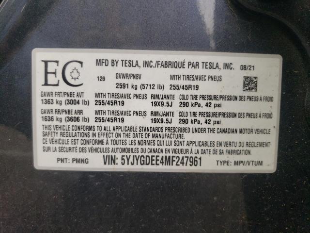 5YJYGDEE4MF247961 - 2021 TESLA MODEL Y Серый фото 10