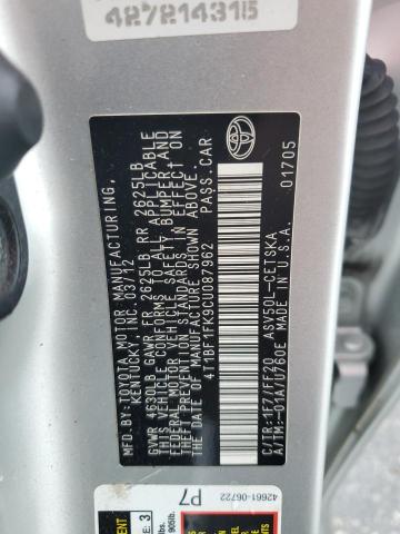 4T1BF1FK9CU087962 - 2012 TOYOTA CAMRY BASE SILVER photo 10