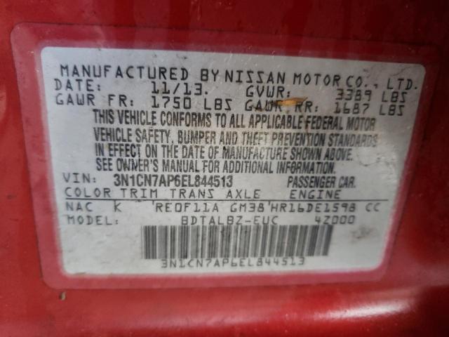 3N1CN7AP6EL844513 - 2014 NISSAN VERSA S RED photo 10