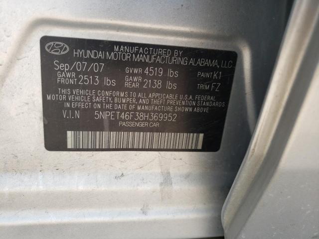 5NPET46F38H369952 - 2008 HYUNDAI SONATA GLS SILVER photo 10