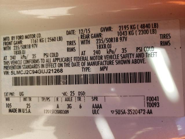 5LMCJ2C94GUJ21268 - 2016 LINCOLN MKC SELECT თეთრი ფოტო 10