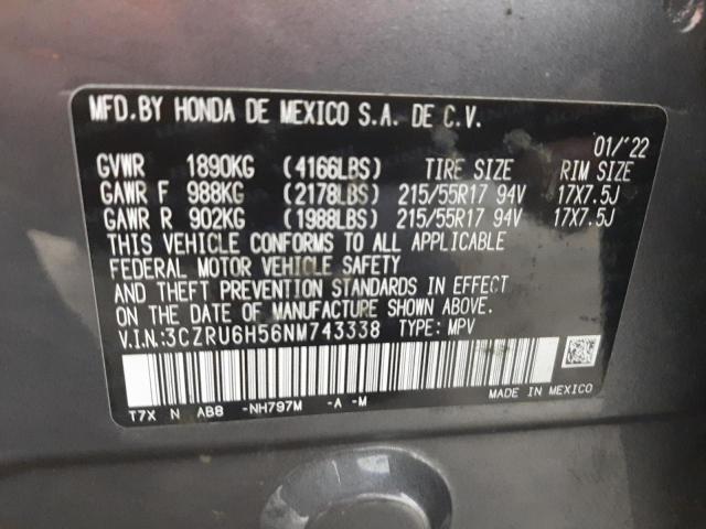 3CZRU6H56NM743338 - 2022 HONDA HR-V EX GRAY photo 10