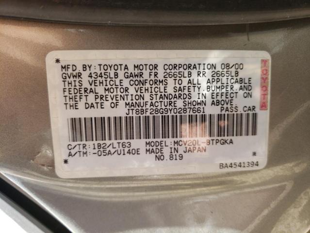 JT8BF28G9Y0287661 - 2000 LEXUS ES 300 TAN photo 10