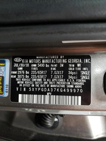 5XYPGDA37KG499970 - 2019 KIA SORENTO L GRAY photo 10