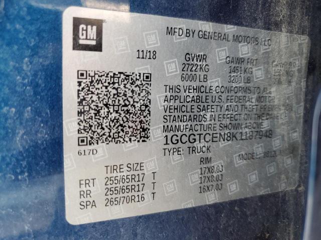 1GCGTCEN8K1187948 - 2019 CHEVROLET COLORADO L BLUE photo 10