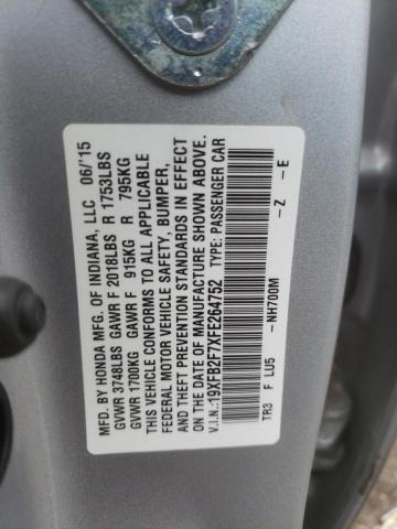 19XFB2F7XFE264752 - 2015 HONDA CIVIC SE SILVER photo 10