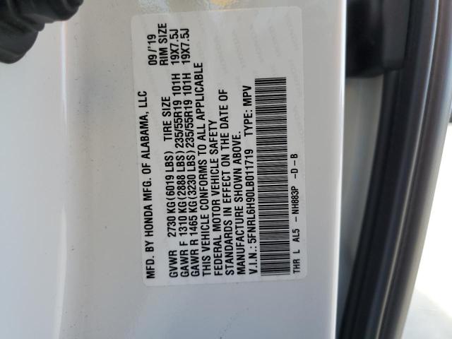 5FNRL6H90LB011719 - 2020 HONDA ODYSSEY EL WHITE photo 10