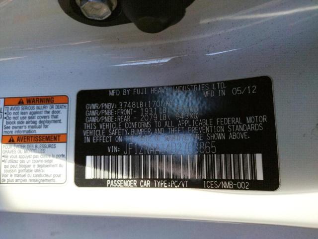 JF1ZNAA14D2703865 - 2013 TOYOTA SCION FR-S WHITE photo 10