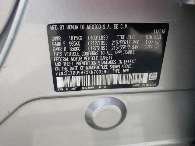 3CZRU5H7XKM700290 - 2019 HONDA HR-V EXL SILVER photo 10