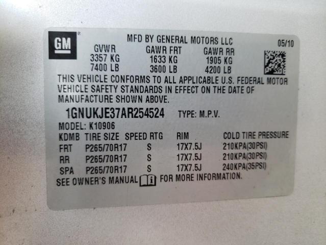 1GNUKJE37AR254524 - 2010 CHEVROLET SUBURBAN K SILVER photo 10