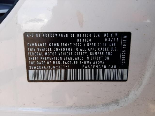 3VW2K7AJ3DM280726 - 2013 VOLKSWAGEN JETTA BASE WHITE photo 10