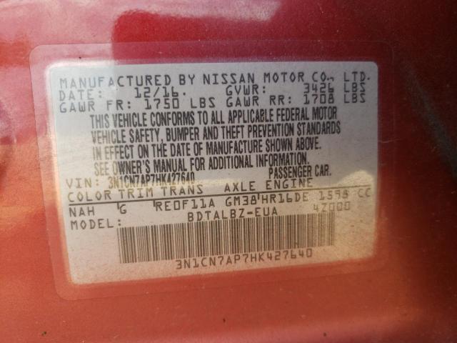 3N1CN7AP7HK427640 - 2017 NISSAN VERSA S RED photo 10