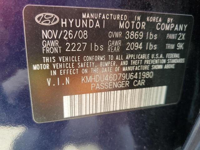 KMHDU46D79U641980 - 2009 HYUNDAI ELANTRA BLUE photo 10