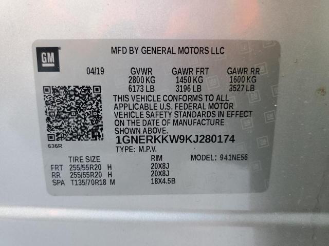 1GNERKKW9KJ280174 - 2019 CHEVROLET TRAVERSE P SILVER photo 10