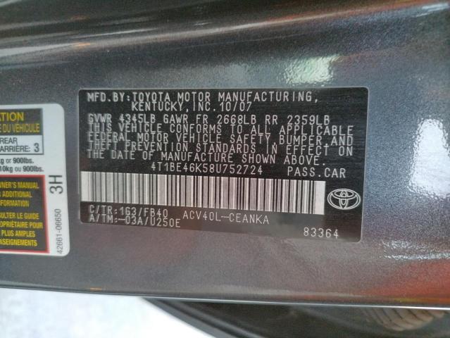 4T1BE46K58U752724 - 2008 TOYOTA CAMRY CE GRAY photo 10