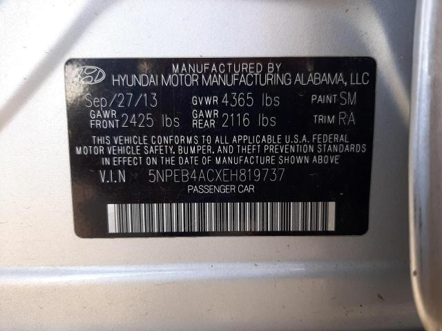 5NPEB4ACXEH819737 - 2014 HYUNDAI SONATA GLS SILVER photo 10