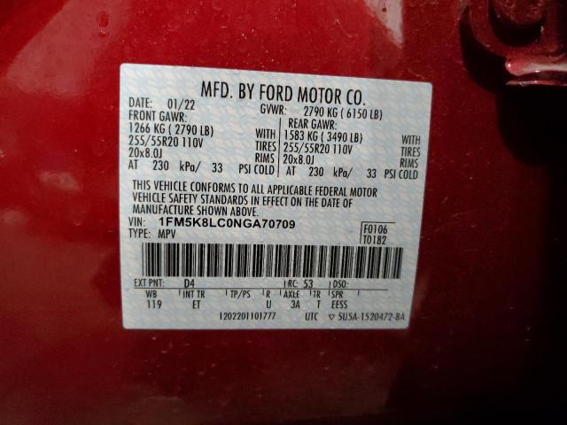 1FM5K8LC0NGA70709 - 2022 FORD EXPLORER K RED photo 10