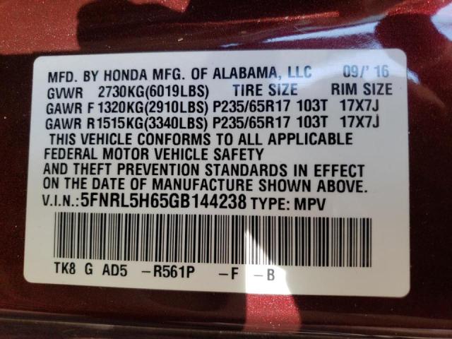 5FNRL5H65GB144238 - 2016 HONDA ODYSSEY EX MAROON photo 10