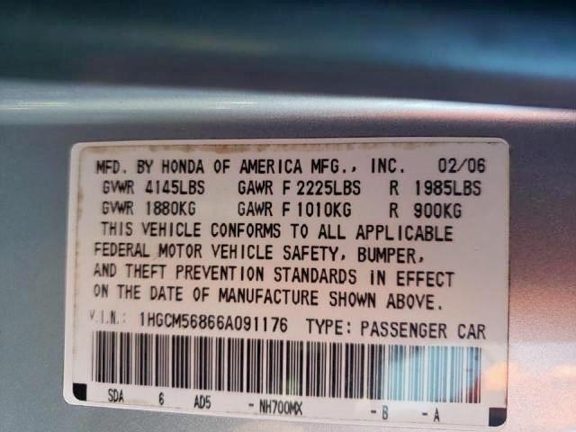 1HGCM56866A091176 - 2006 HONDA ACCORD EX SILVER photo 10