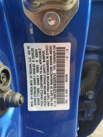 19XFC2F83KE029741 - 2019 HONDA CIVIC SPOR BLUE photo 10