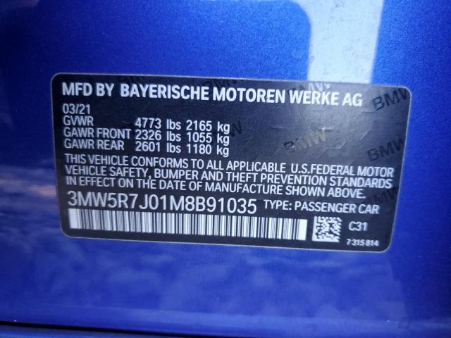 3MW5R7J01M8B91035 - 2021 BMW 330XI BLUE photo 10
