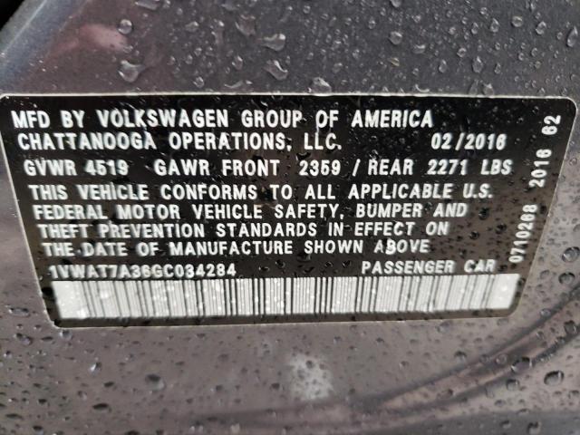 1VWAT7A36GC034284 - 2016 VOLKSWAGEN PASSAT R-L 灰色 照片 10