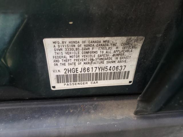 2HGEJ6617YH540637 - 2000 HONDA CIVIC BASE GREEN photo 10