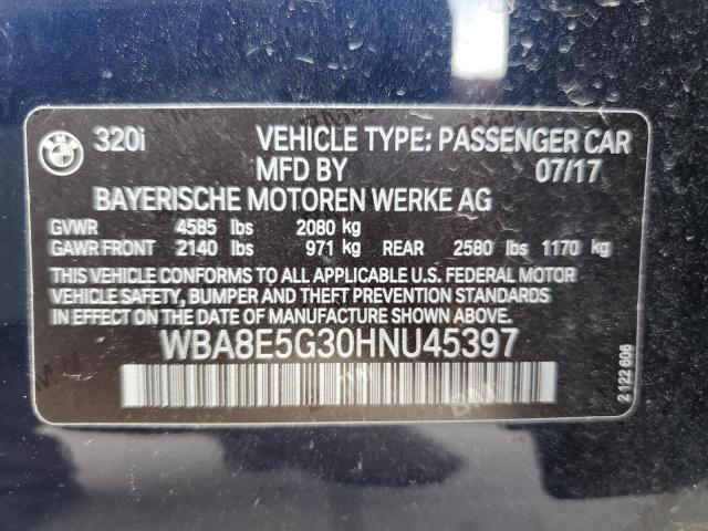 WBA8E5G30HNU45397 - 2017 BMW 320 XI BLUE photo 10