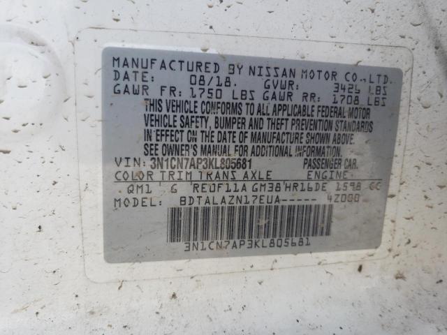 3N1CN7AP3KL805681 - 2019 NISSAN VERSA S WHITE photo 10