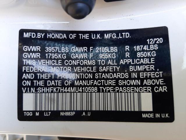 SHHFK7H44MU410598 - 2021 HONDA CIVIC SPOR WHITE photo 10