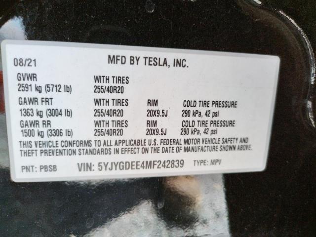 5YJYGDEE4MF242839 - 2021 TESLA MODEL Y BLACK photo 10