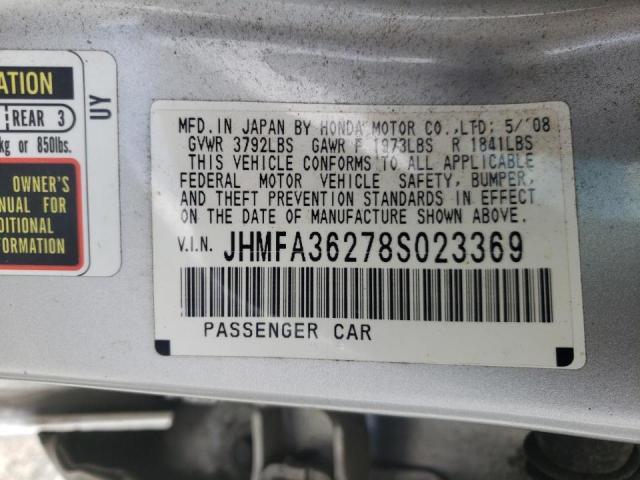 JHMFA36278S023369 - 2008 HONDA CIVIC HYBR SILVER photo 10